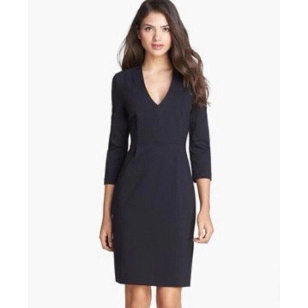 Kate Spade Darlene Dress 4 V Neck A Line Little Black Dress 3/4 Sleeve Pintuck - Picture 1 of 9